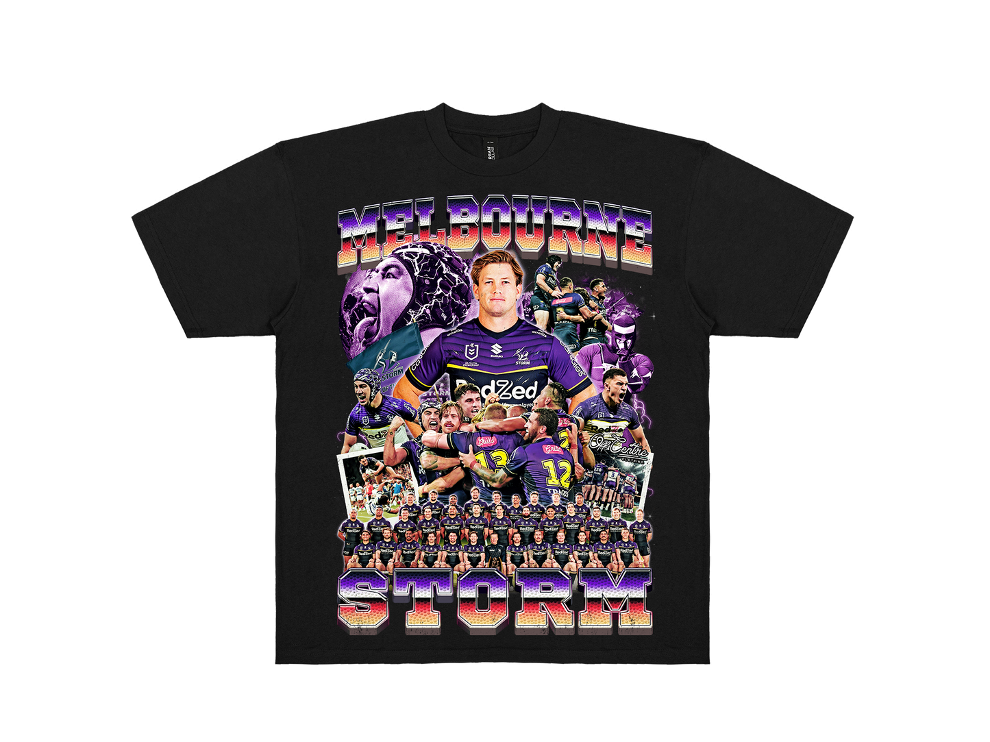 Custom Melbourne Storm graphic tee – Bootleg style NRL shirt for rugby league fans. Premium Black.