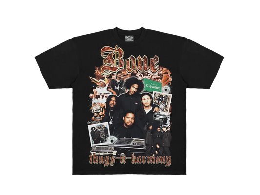 Black t-shirt with a graphic design featuring people and text on a white background