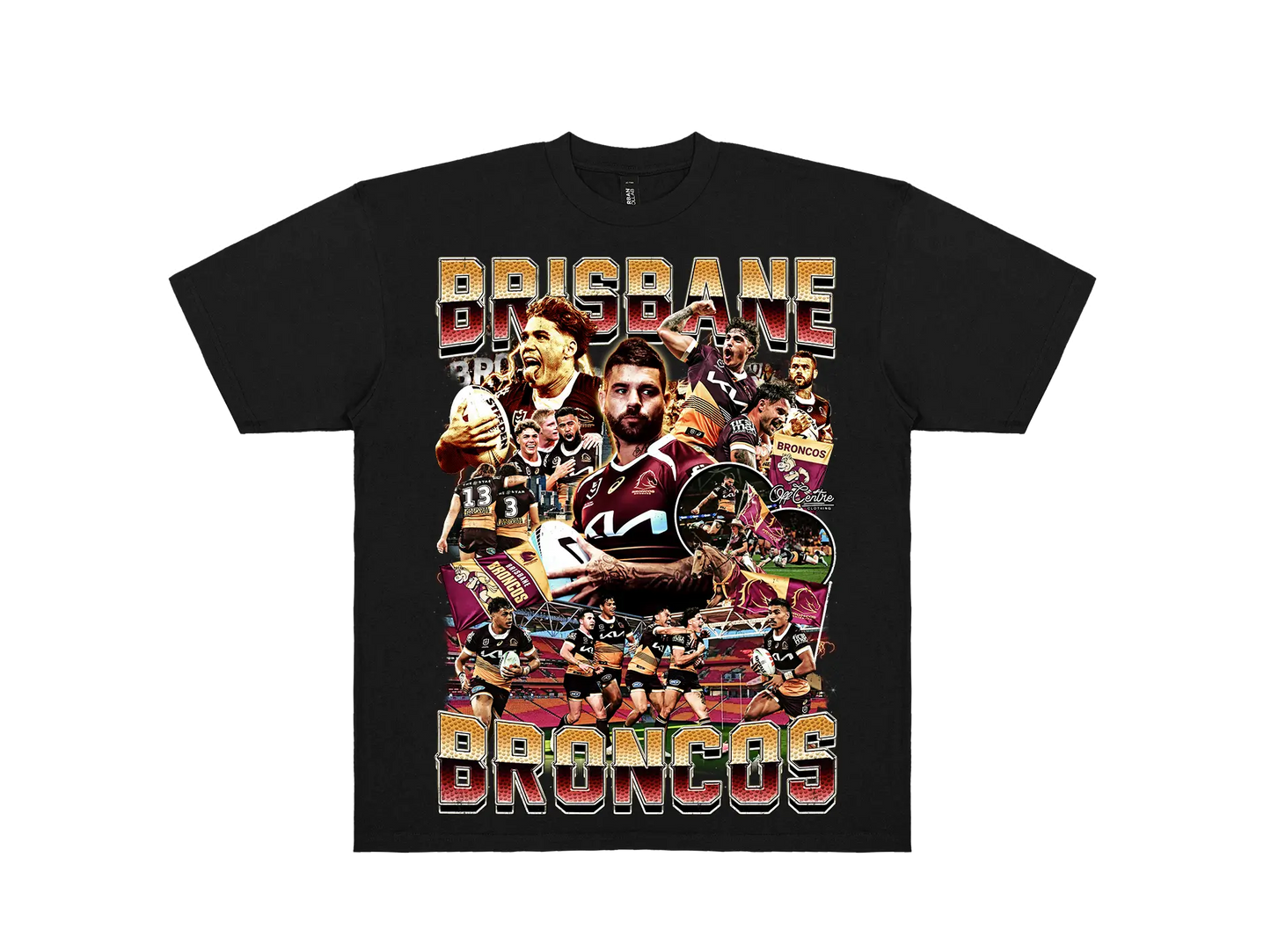Custom Brisbane Broncos graphic tee – Bootleg style NRL shirt for rugby league fans. Premium Black
