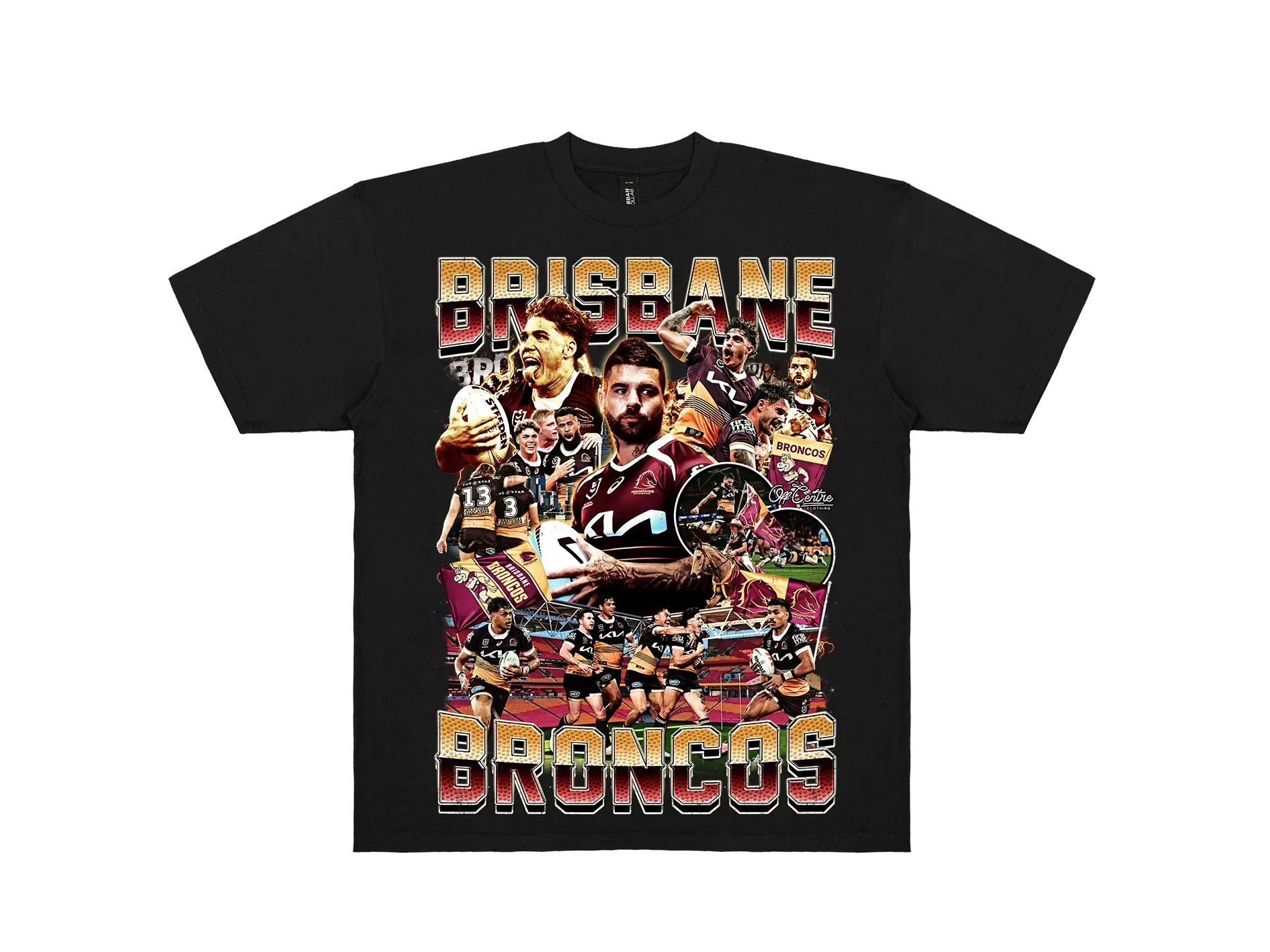 Custom Brisbane Broncos graphic tee – Bootleg style NRL shirt for rugby league fans. Premium Black