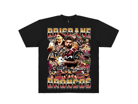 Custom Brisbane Broncos graphic tee – Bootleg style NRL shirt for rugby league fans. Premium Black
