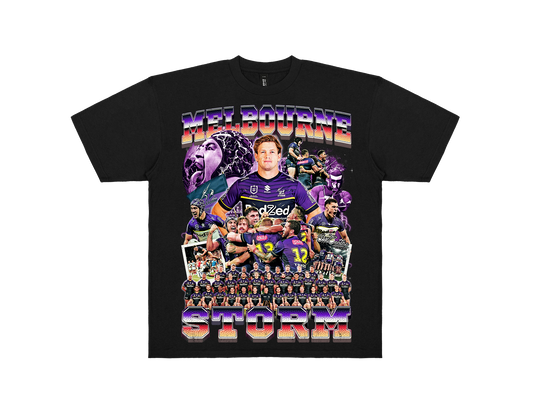 Custom Melbourne Storm graphic tee – Bootleg style NRL shirt for rugby league fans. Premium Black.