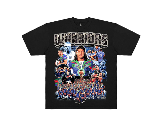 Custom New Zealand Warriors graphic tee – Bootleg style NRL shirt for rugby league fans. Premium Black.