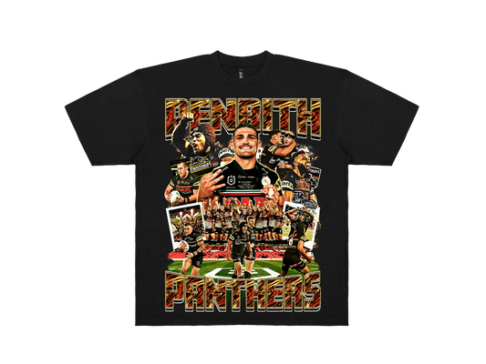 Custom Penrith Panthers graphic tee – Bootleg style NRL shirt for rugby league fans. Premium Black.