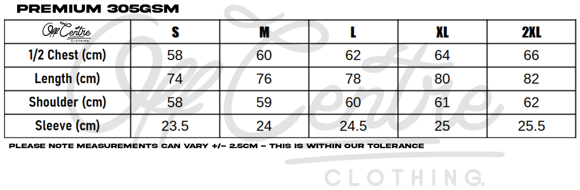 OffCentre 305gsm Sizing chart
