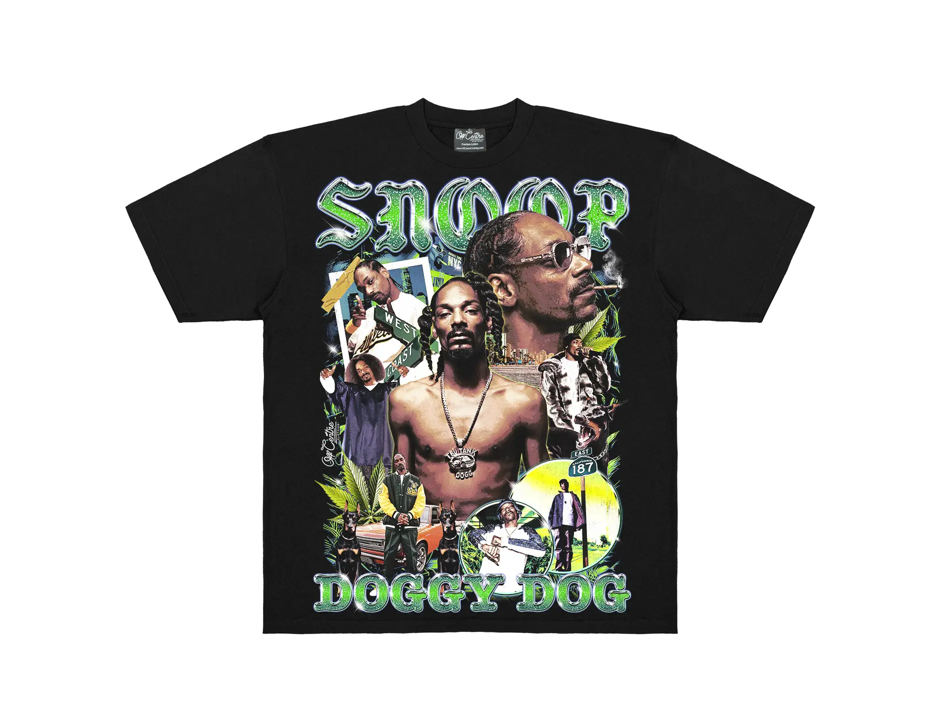 Black t-shirt with a graphic design featuring a person and text on a white background