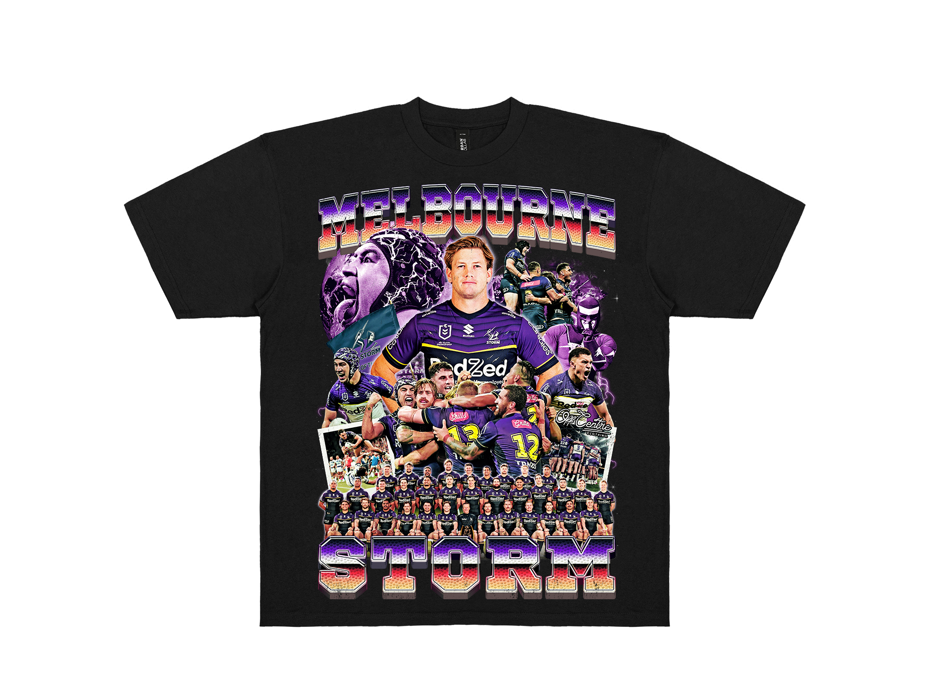 Custom Melbourne Storm graphic tee – Bootleg style NRL shirt for rugby league fans. Premium Black.