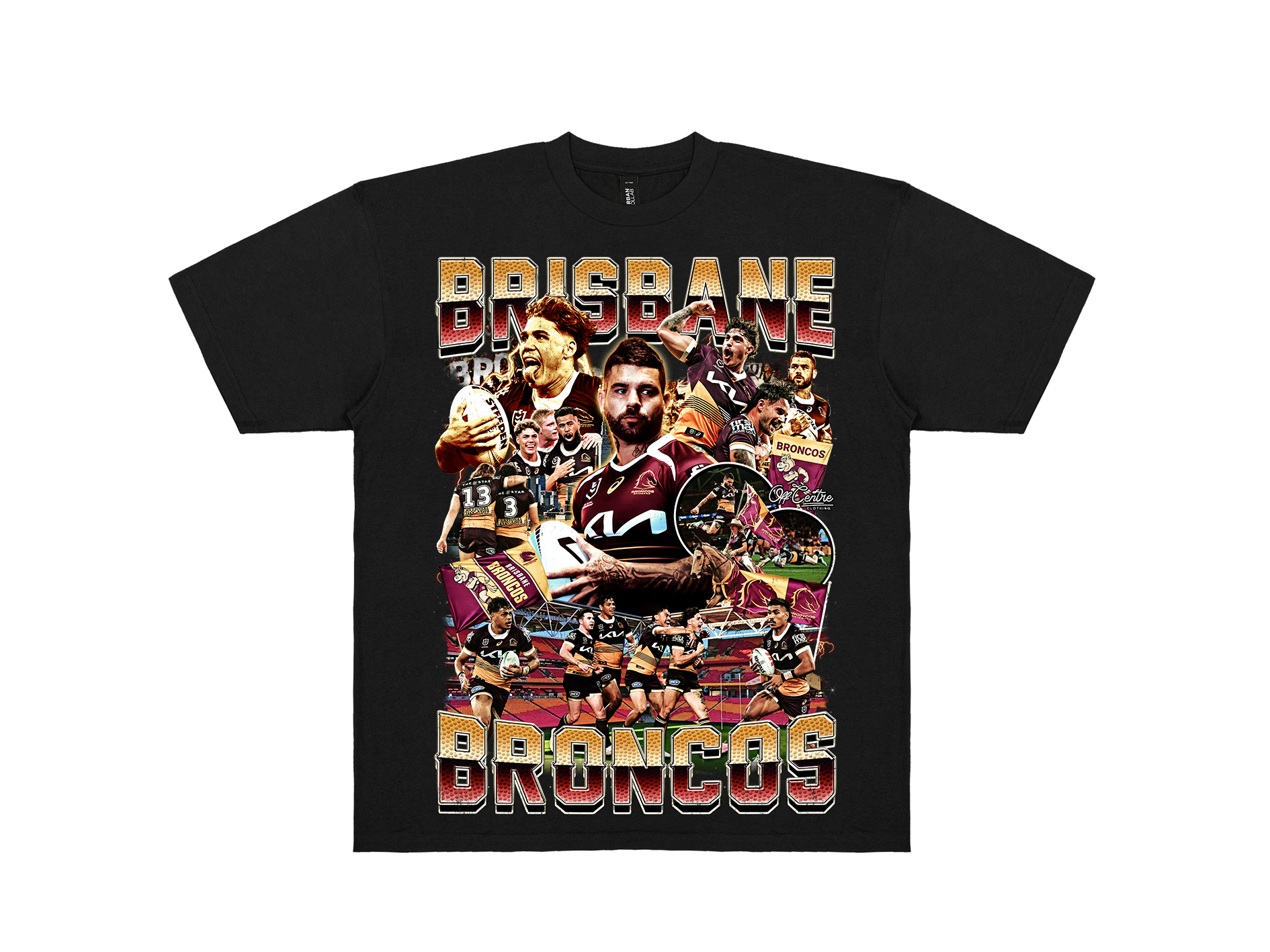Custom Brisbane Broncos graphic tee – Bootleg style NRL shirt for rugby league fans. Premium Black